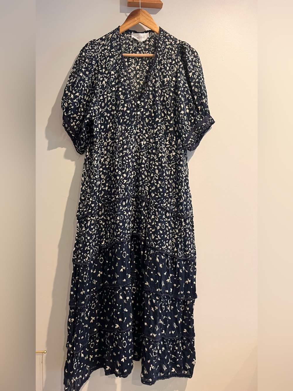 THE GREAT. Yonder Dress Navy Blue Prairie Floral Peasant Cottage Midi 2 Large